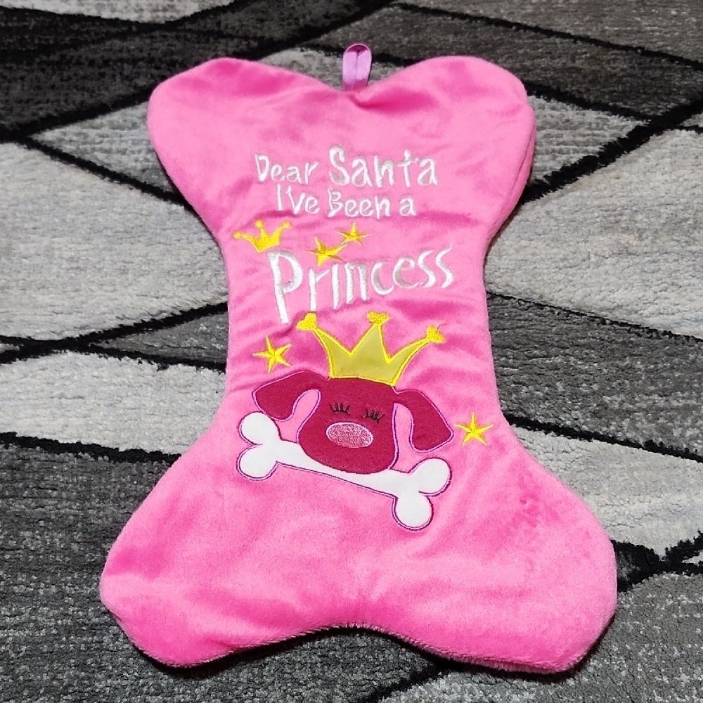 DAN DEE PINK BONE-SHAPED EMBRIODERED "DEAR SANTA IVE BEEN A PRINCESS" STOCKING